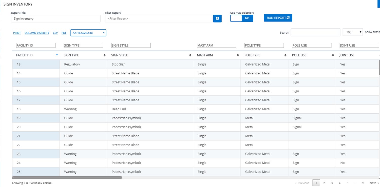 Quickly create full or filtered tabular views of sign inventory, inspection history, or repair history